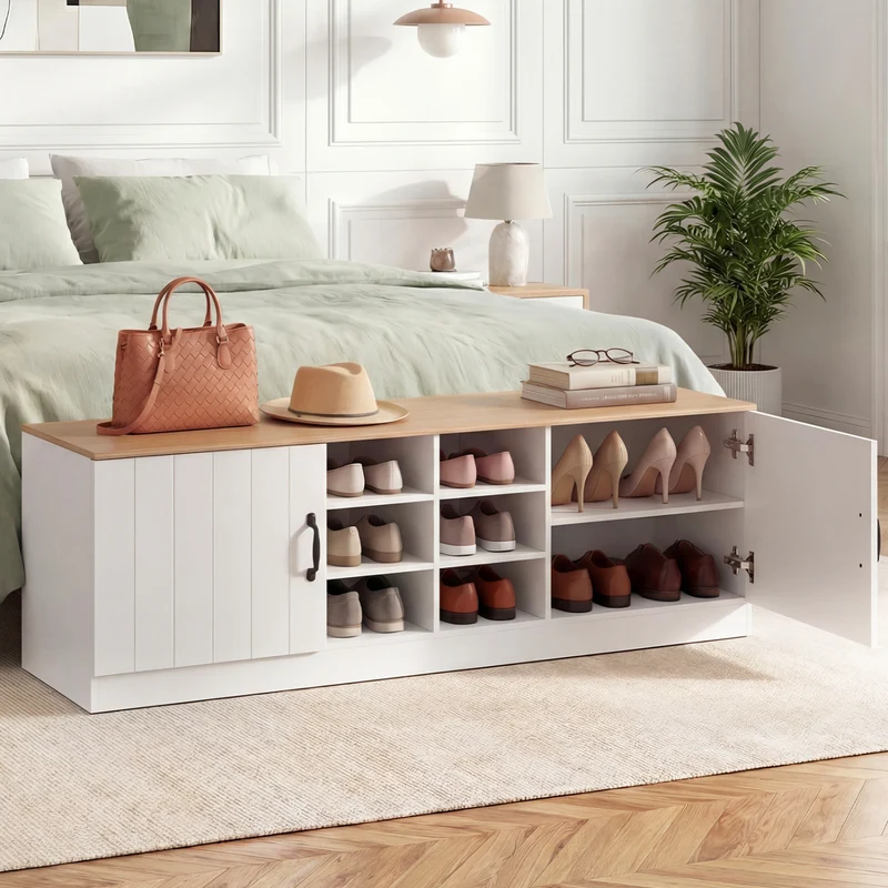 2-Door Shoe Bench Cabinet, Adjustable Shelves, Natural