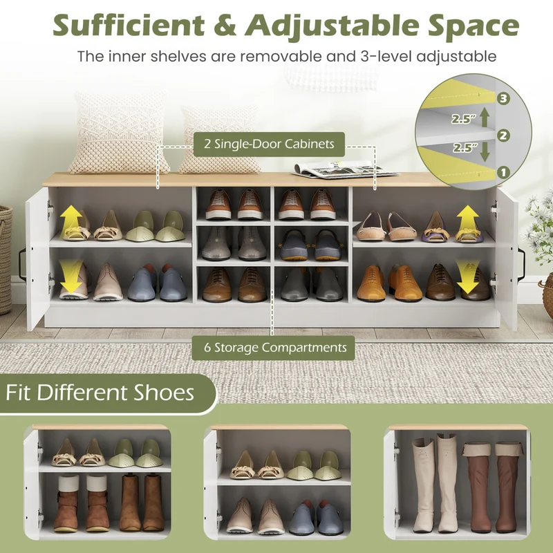 2-Door Shoe Bench Cabinet, Adjustable Shelves, Natural