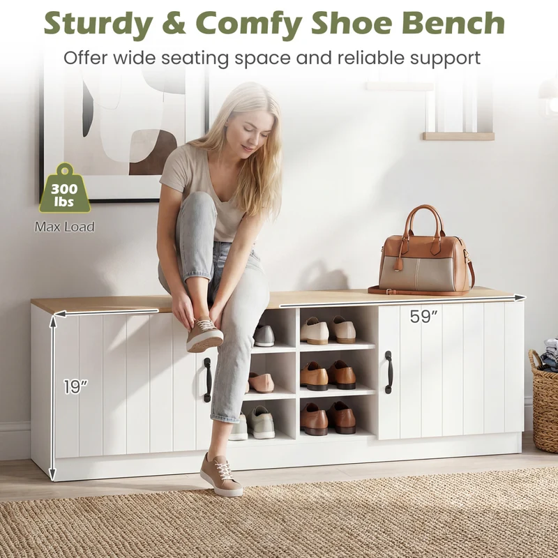 2-Door Shoe Bench Cabinet, Adjustable Shelves, Natural
