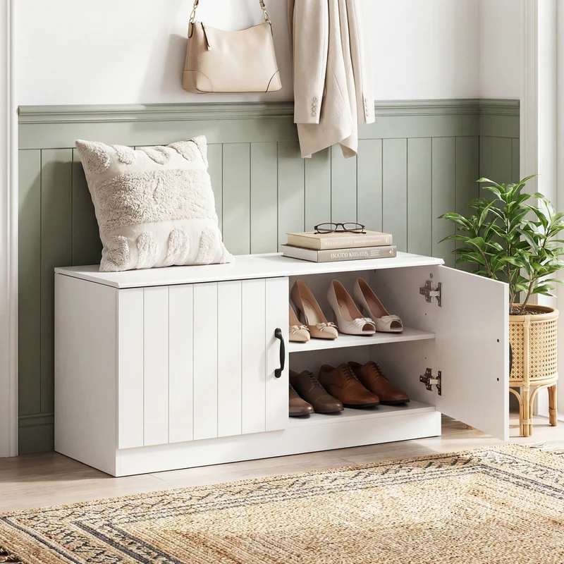 2-Door Shoe Storage Cabinet, Adjustable Shelves, White