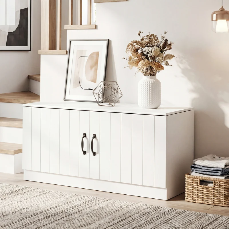 2-Door Shoe Storage Cabinet, Adjustable Shelves, White