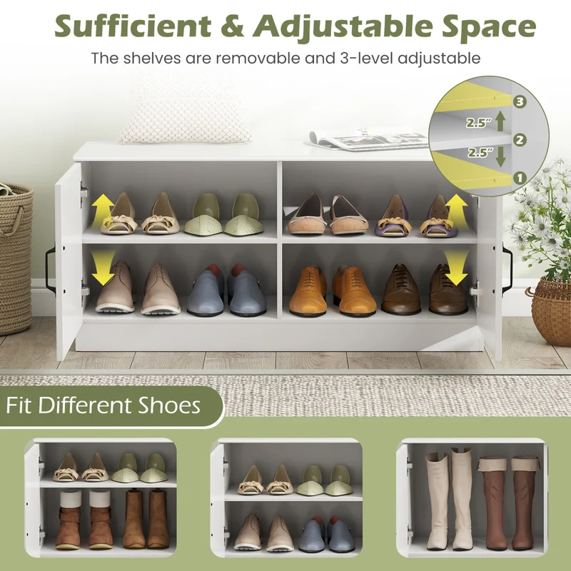 2-Door Shoe Storage Cabinet, Adjustable Shelves, White