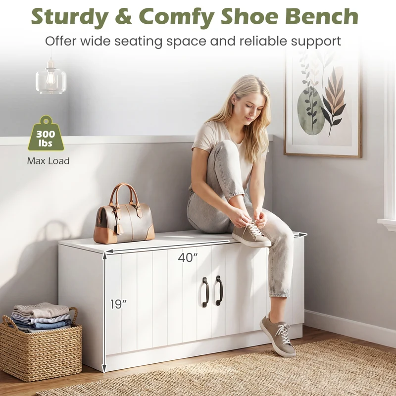 2-Door Shoe Storage Cabinet, Adjustable Shelves, White