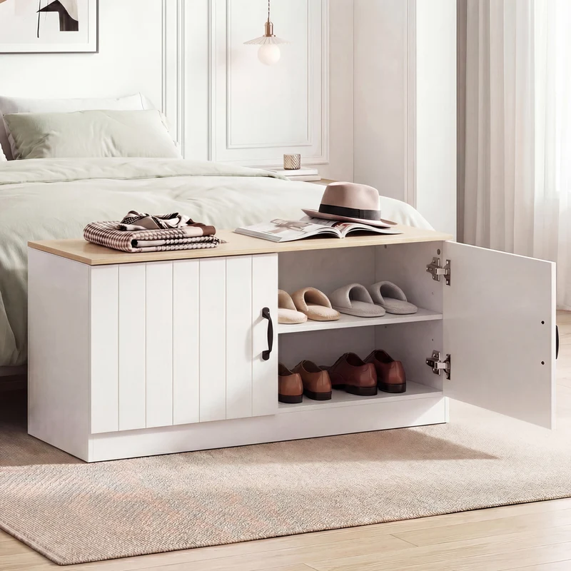 2-Door Shoe Storage Cabinet, Adjustable Shelves, Natural
