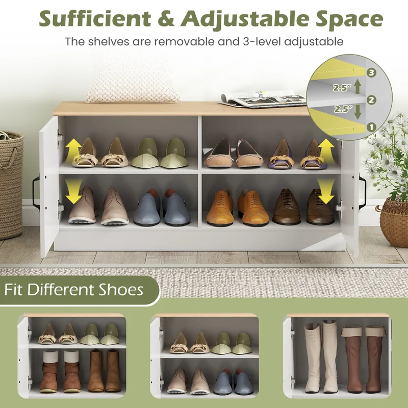 2-Door Shoe Storage Cabinet, Adjustable Shelves, Natural