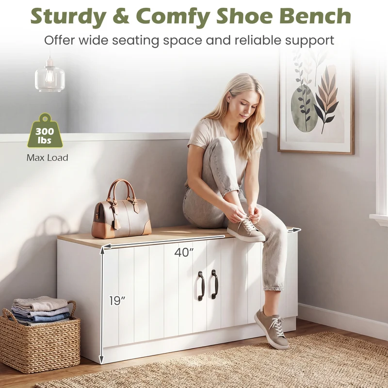 2-Door Shoe Storage Cabinet, Adjustable Shelves, Natural