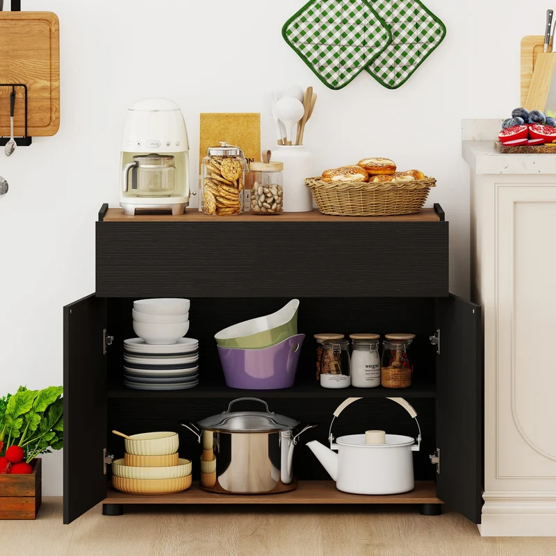 Wooden Sideboard Buffet Cabinet, Storage Kitchen Cabinet, Black