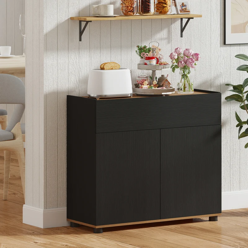 Wooden Sideboard Buffet Cabinet, Storage Kitchen Cabinet, Black