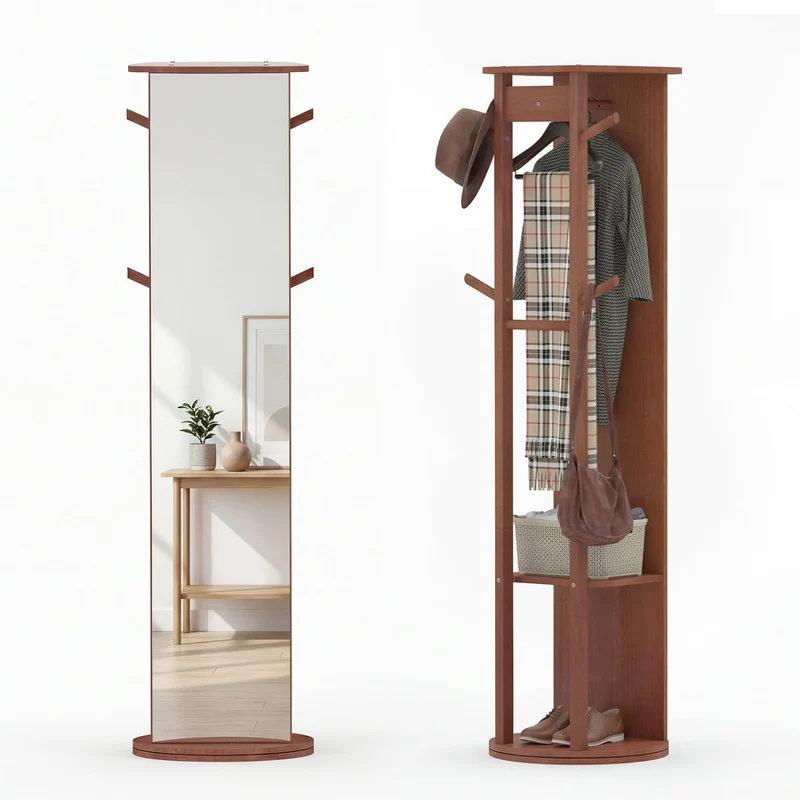 Full Length Mirror Coat Rack, Solid Wood Standing Mirror, Walnut