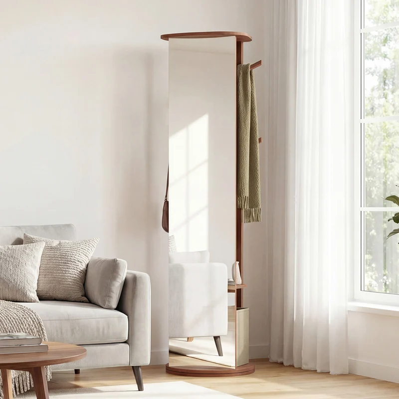 Full Length Mirror Coat Rack, Solid Wood Standing Mirror, Walnut
