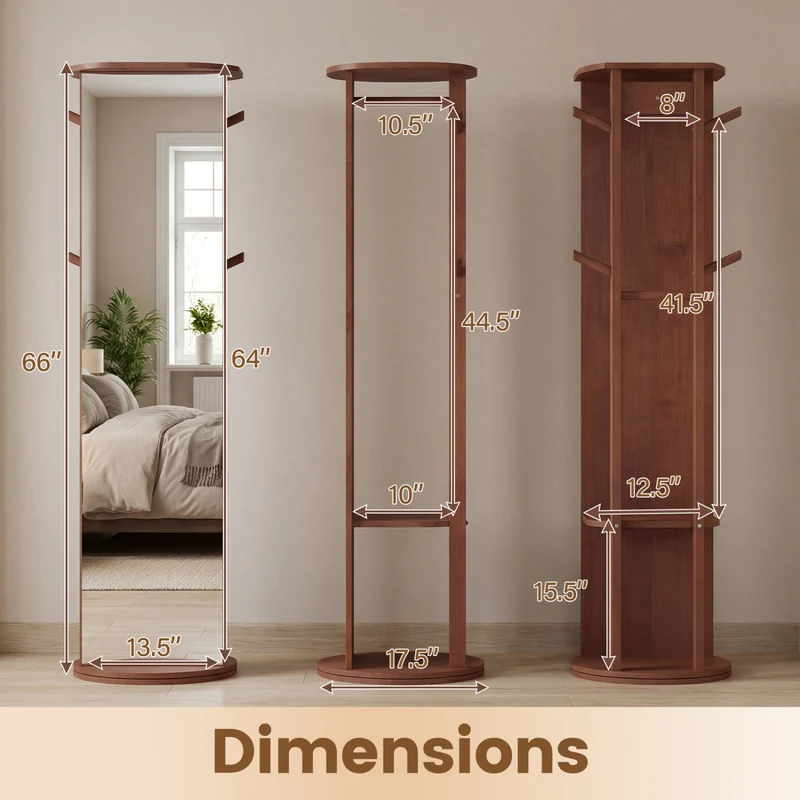 Full Length Mirror Coat Rack, Solid Wood Standing Mirror, Walnut