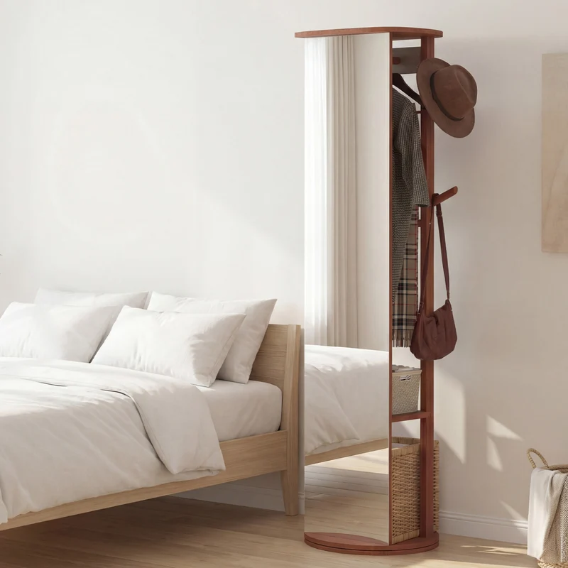 Full Length Mirror Coat Rack, Solid Wood Standing Mirror, Walnut