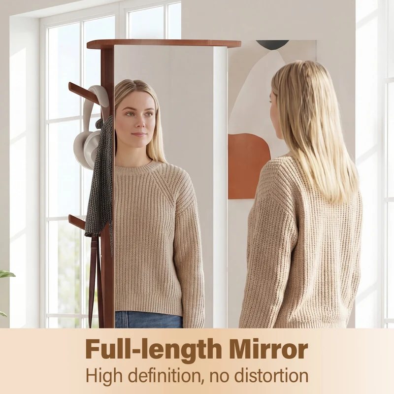 Full Length Mirror Coat Rack, Solid Wood Standing Mirror, Walnut