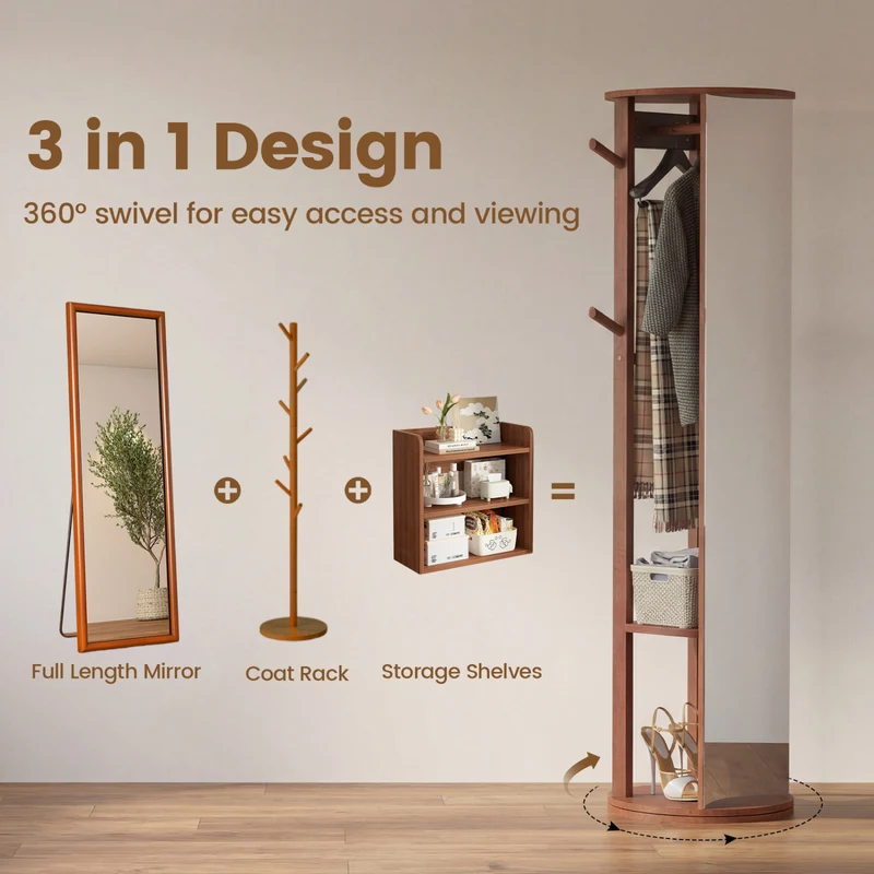 Full Length Mirror Coat Rack, Solid Wood Standing Mirror, Walnut