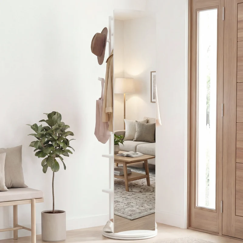 Full Length Mirror Coat Rack, Swivel Floor Mirror, White