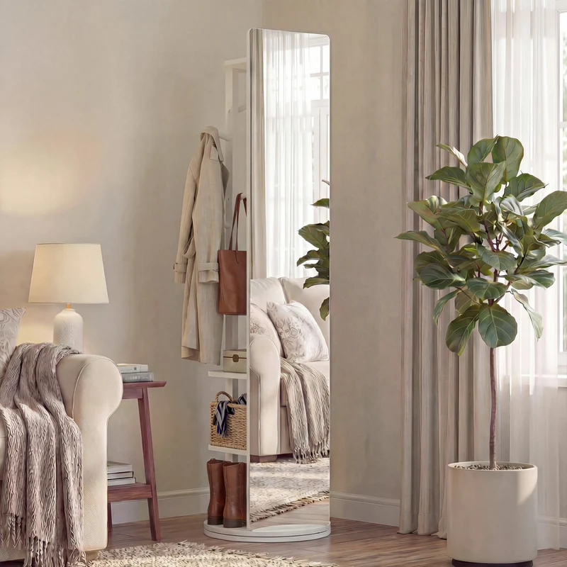 Full Length Mirror Coat Rack, Swivel Floor Mirror, White