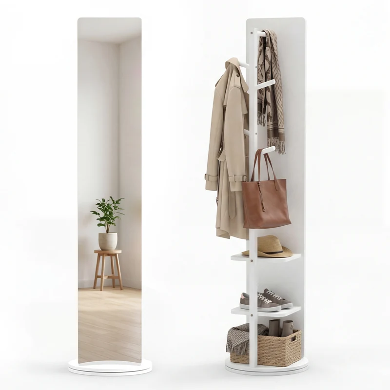Full Length Mirror Coat Rack, Swivel Floor Mirror, White