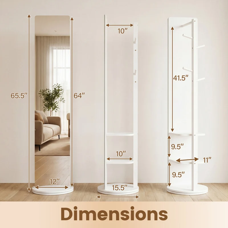 Full Length Mirror Coat Rack, Swivel Floor Mirror, White