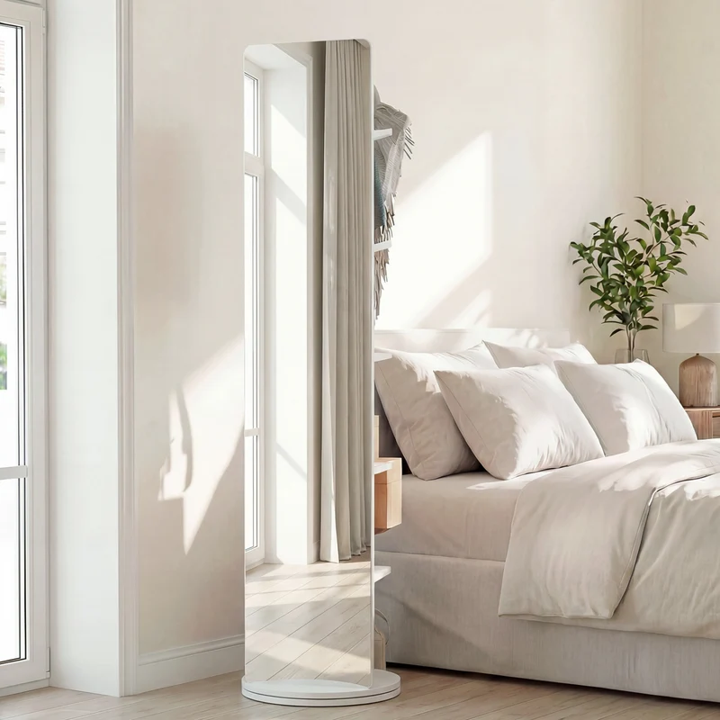 Full Length Mirror Coat Rack, Swivel Floor Mirror, White