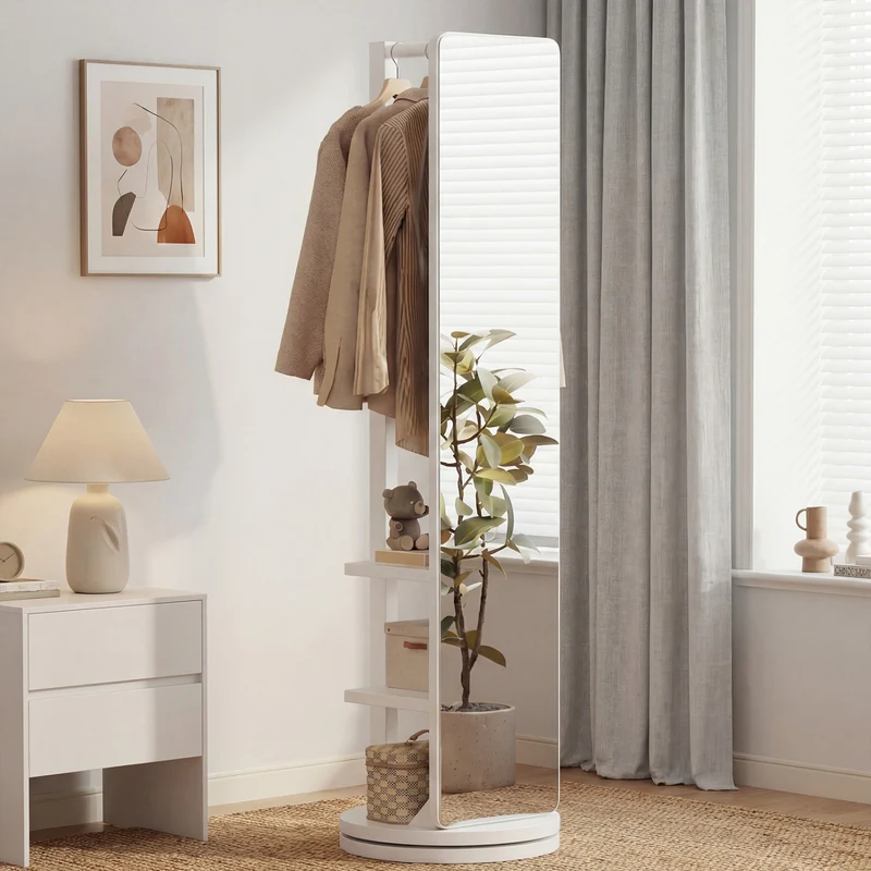 Full Length Mirror Coat Rack, Swivel Floor Mirror, White