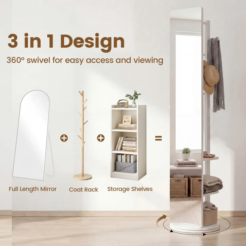 Full Length Mirror Coat Rack, Swivel Floor Mirror, White