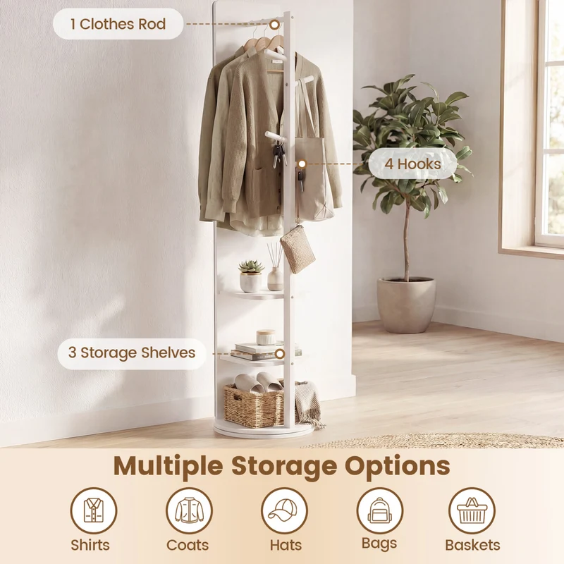 Full Length Mirror Coat Rack, Swivel Floor Mirror, White