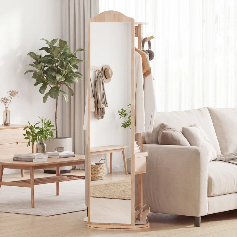 Full Length Mirror Coat Rack, Storage Shelves, Hooks, Natural