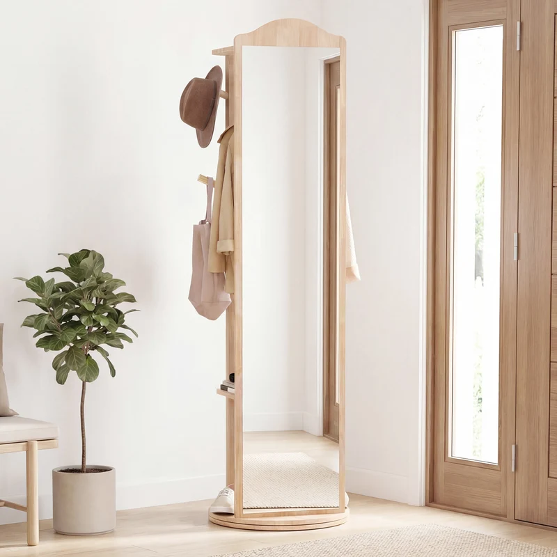 Full Length Mirror Coat Rack, Storage Shelves, Hooks, Natural