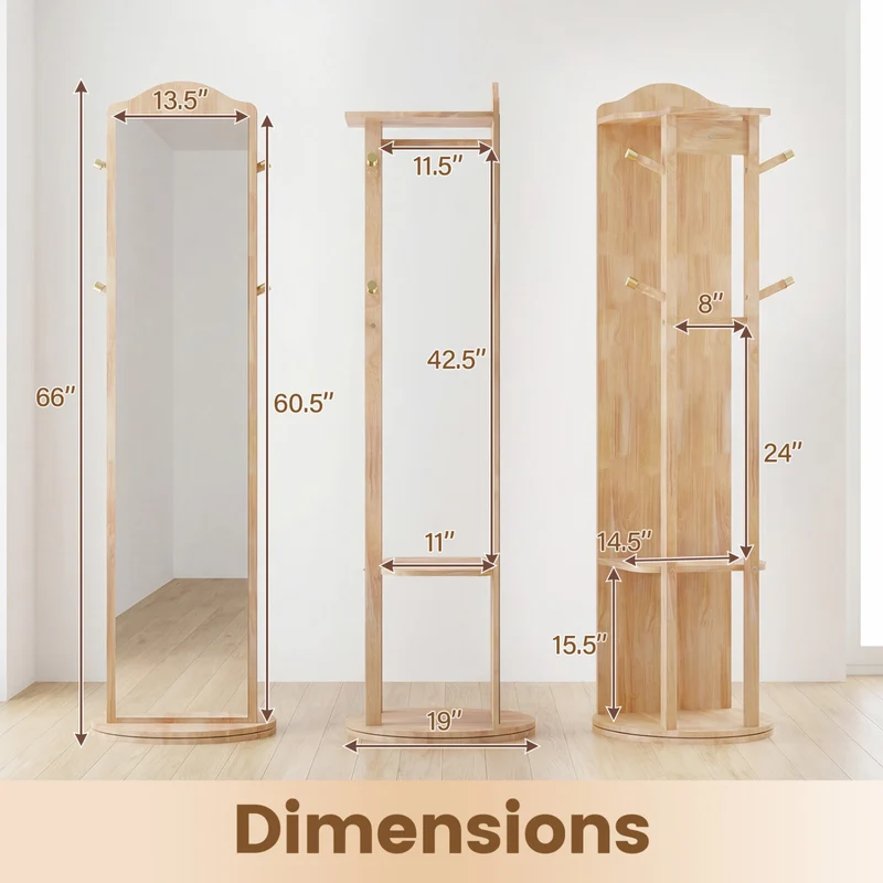 Full Length Mirror Coat Rack, Storage Shelves, Hooks, Natural