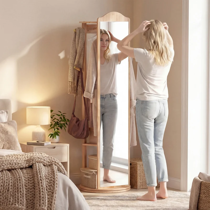 Full Length Mirror Coat Rack, Storage Shelves, Hooks, Natural