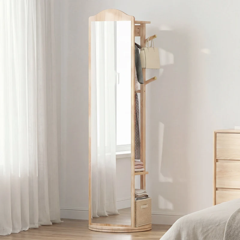 Full Length Mirror Coat Rack, Storage Shelves, Hooks, Natural