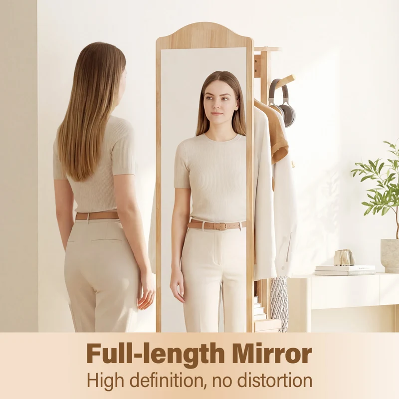 Full Length Mirror Coat Rack, Storage Shelves, Hooks, Natural