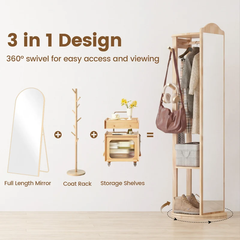 Full Length Mirror Coat Rack, Storage Shelves, Hooks, Natural