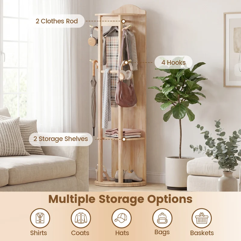 Full Length Mirror Coat Rack, Storage Shelves, Hooks, Natural