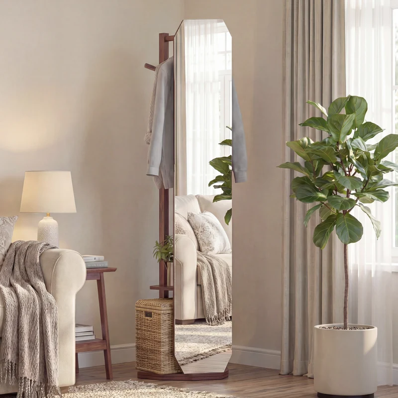 Full Length Mirror Coat Rack, Clothes Hanger, Walnut