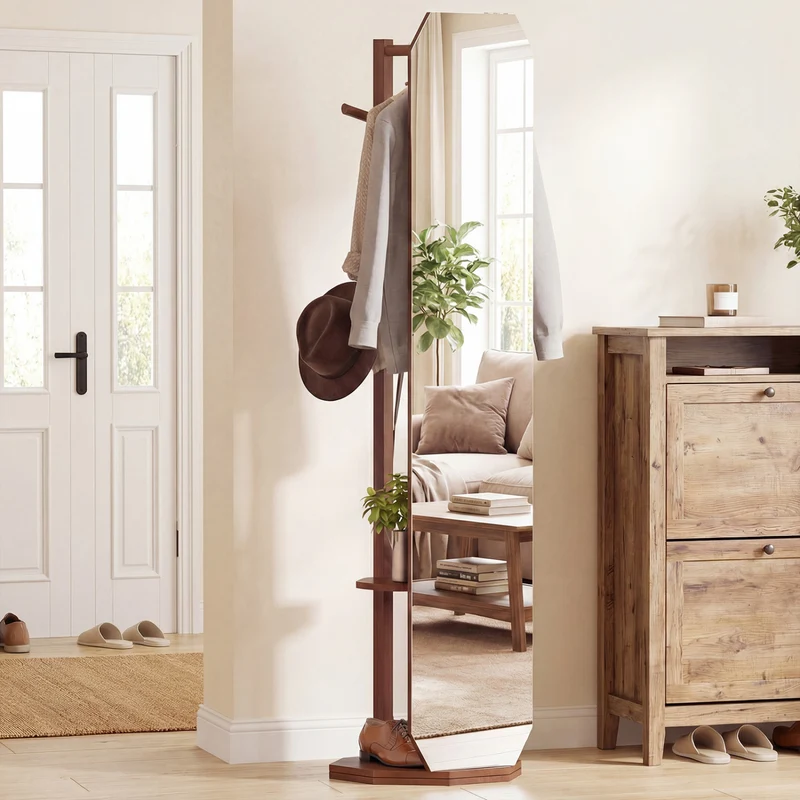Full Length Mirror Coat Rack, Clothes Hanger, Walnut