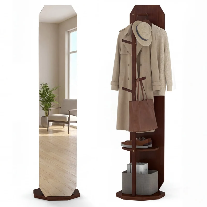 Full Length Mirror Coat Rack, Clothes Hanger, Walnut