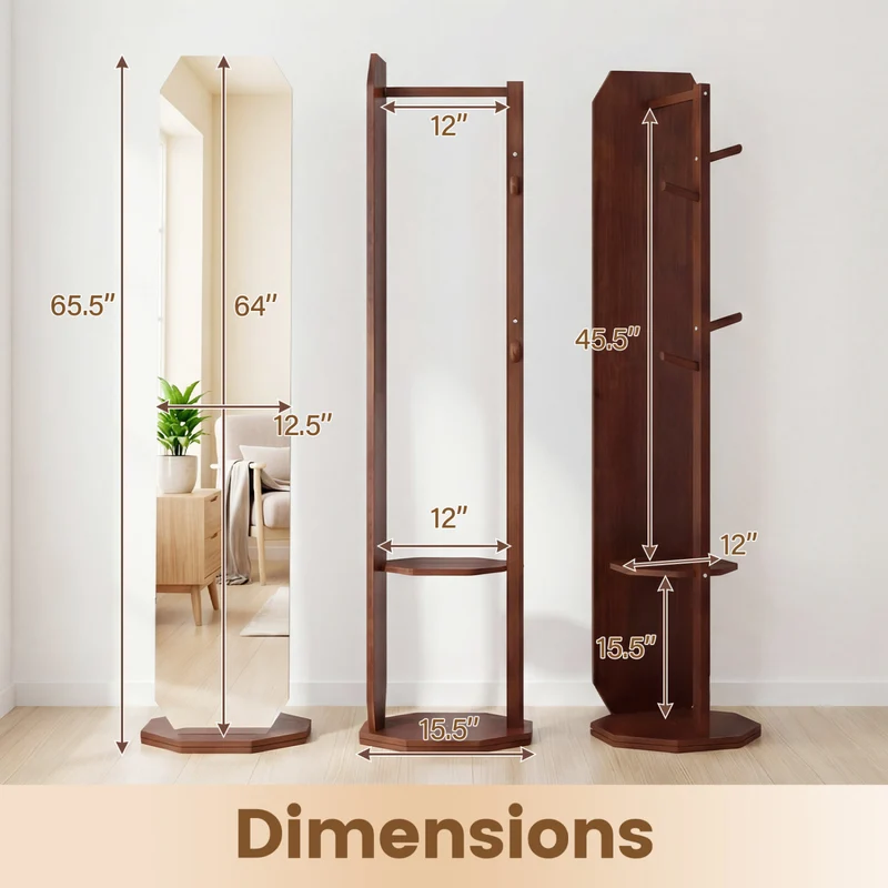Full Length Mirror Coat Rack, Clothes Hanger, Walnut