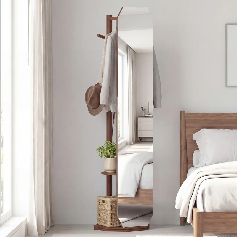 Full Length Mirror Coat Rack, Clothes Hanger, Walnut