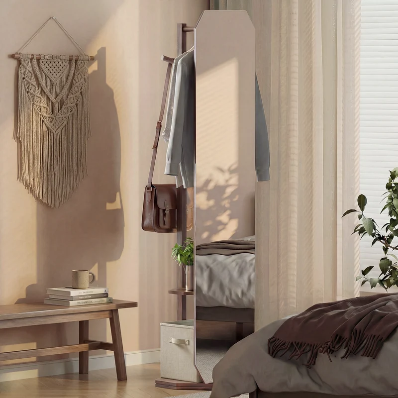 Full Length Mirror Coat Rack, Clothes Hanger, Walnut