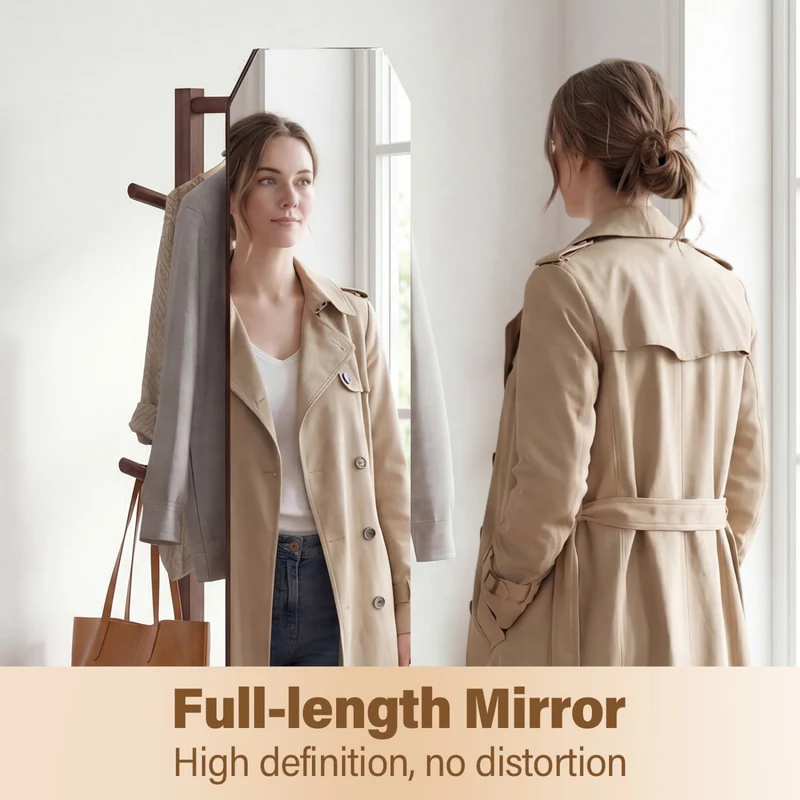 Full Length Mirror Coat Rack, Clothes Hanger, Walnut