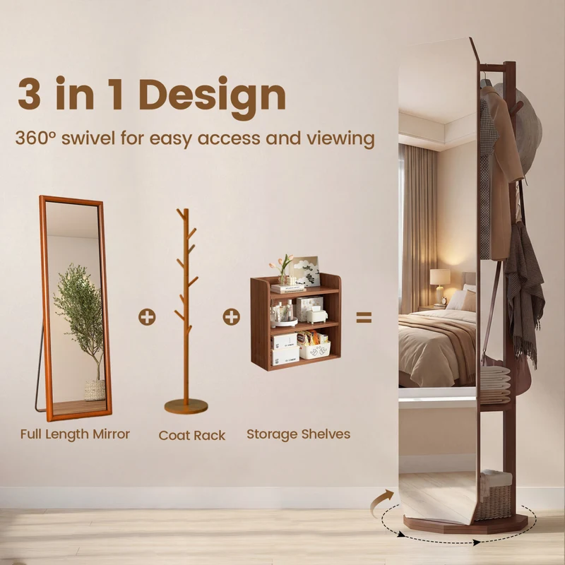 Full Length Mirror Coat Rack, Clothes Hanger, Walnut