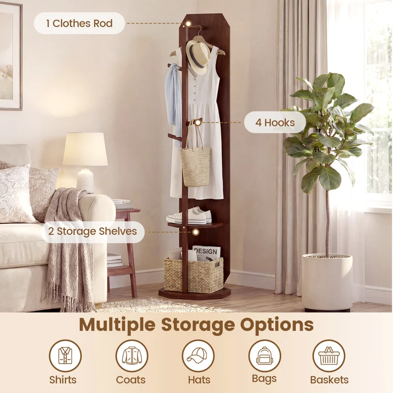 Full Length Mirror Coat Rack, Clothes Hanger, Walnut