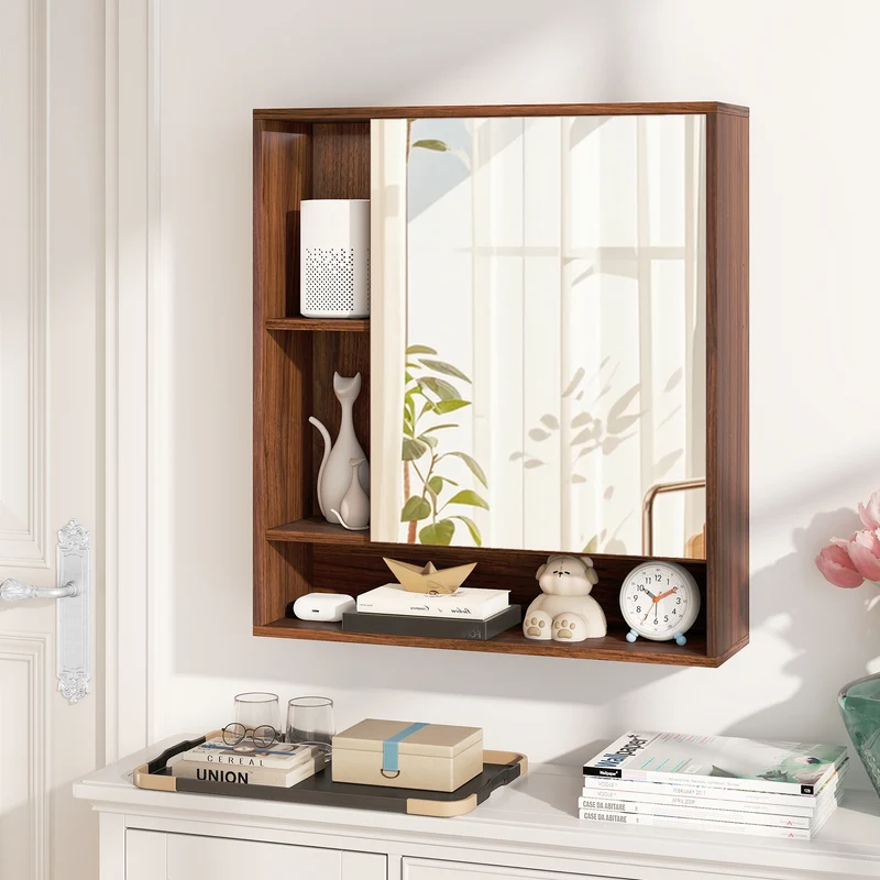 Wall Mounted Bathroom Cabinet With Mirror, Single Door, Walnut