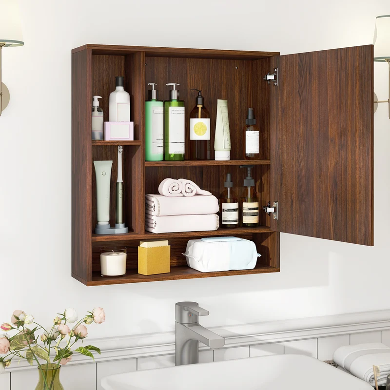 Wall Mounted Bathroom Cabinet With Mirror, Single Door, Walnut