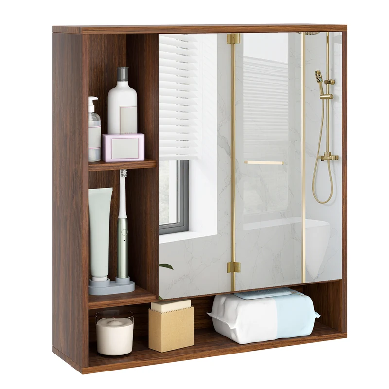 Wall Mounted Bathroom Cabinet With Mirror, Single Door, Walnut