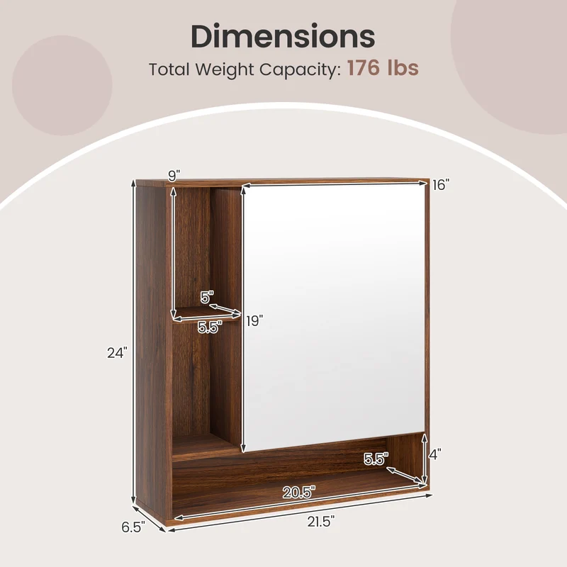 Wall Mounted Bathroom Cabinet With Mirror, Single Door, Walnut