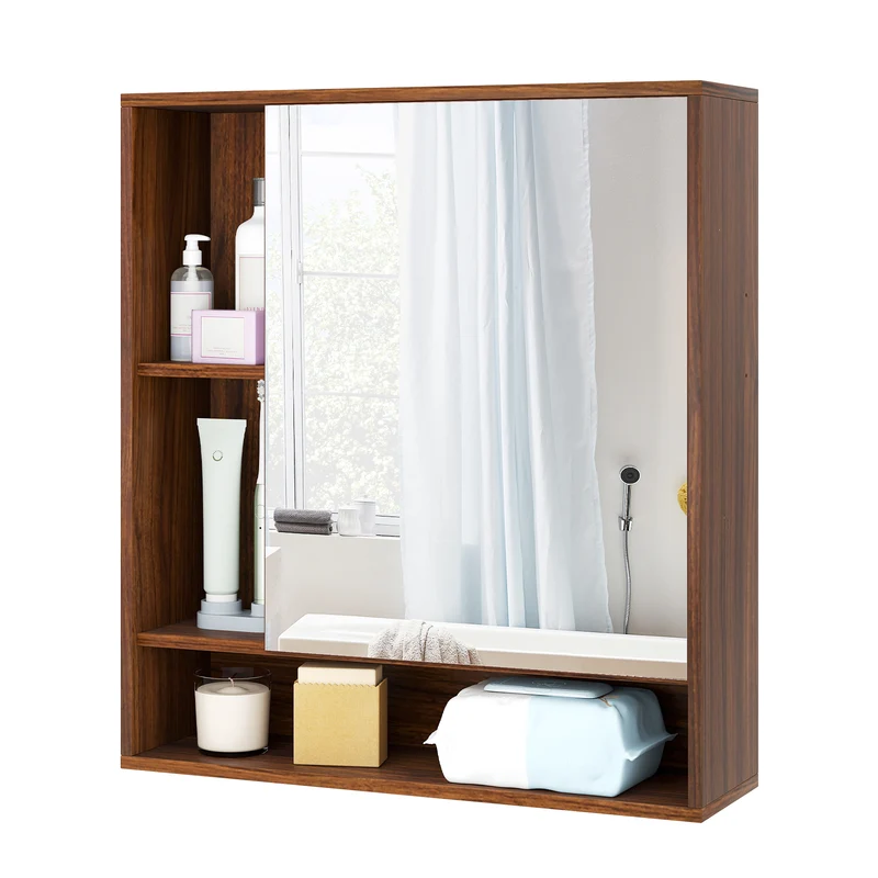Wall Mounted Bathroom Cabinet With Mirror, Single Door, Walnut