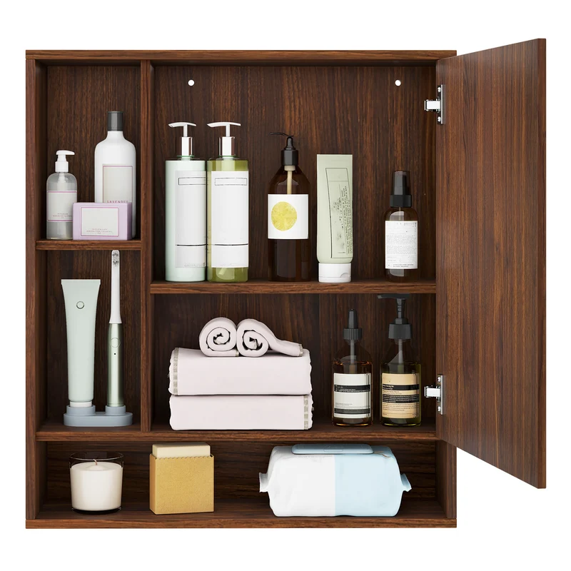 Wall Mounted Bathroom Cabinet With Mirror, Single Door, Walnut