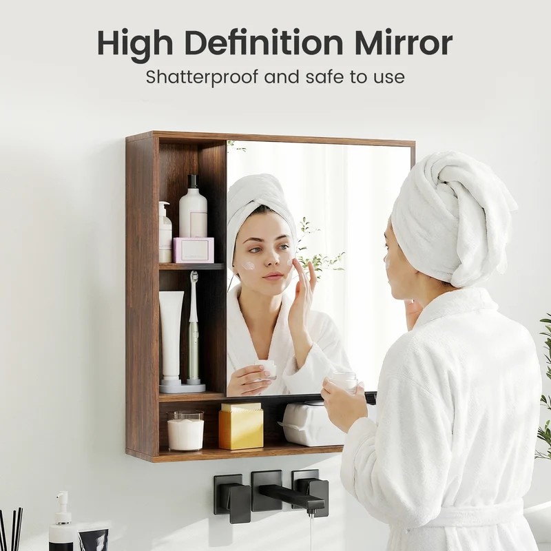 Wall Mounted Bathroom Cabinet With Mirror, Single Door, Walnut